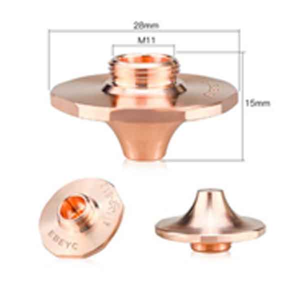 The דיזה לייזר 28 מ״מ Φ2.0 מ״מ סוג SP-S (בודדת) features a copper-colored, flared conical nozzle with M11 threading and dimensions of 28mm diameter by 15mm height; images show top, side, and angled views.