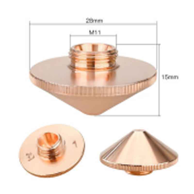 Copper-colored, cone-shaped metal nozzle (דיזה לייזר 28 מ״מ Φ2.5 מ״מ סוג A בודדת) with M11 thread, shown from top, side, and bottom views. Dimensions: 28mm wide, 16mm high.