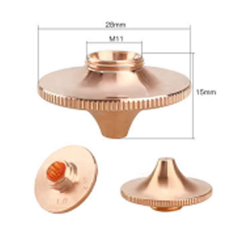 דיזה לייזר 28 מ״מ Φ2.5 מ״מ סוג B (בודדת) בגוון נחושת, גובה 16 מ״מ, שיניים בדפנות והברגה M11 מוצגת בשלוש זוויות (עליונה, תחתונה וצידית) עם מידות מסומנות בתמונה.