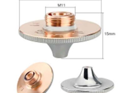 Three metallic nozzles are shown from different angles, with one nozzle displaying dimensions: 28mm width, 15mm height, and an M11 threaded connector. Surfaces are a mix of gold and silver finishes.