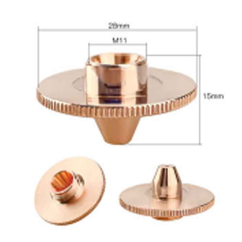 A copper-colored דיזה לייזר 28 מ״מ Φ2.5 מ״מ סוג E (בודדת) with ridged edges, gear-like shape, M11 threaded center, and labeled dimensions: 29mm diameter and 15mm height, shown from three angles.
