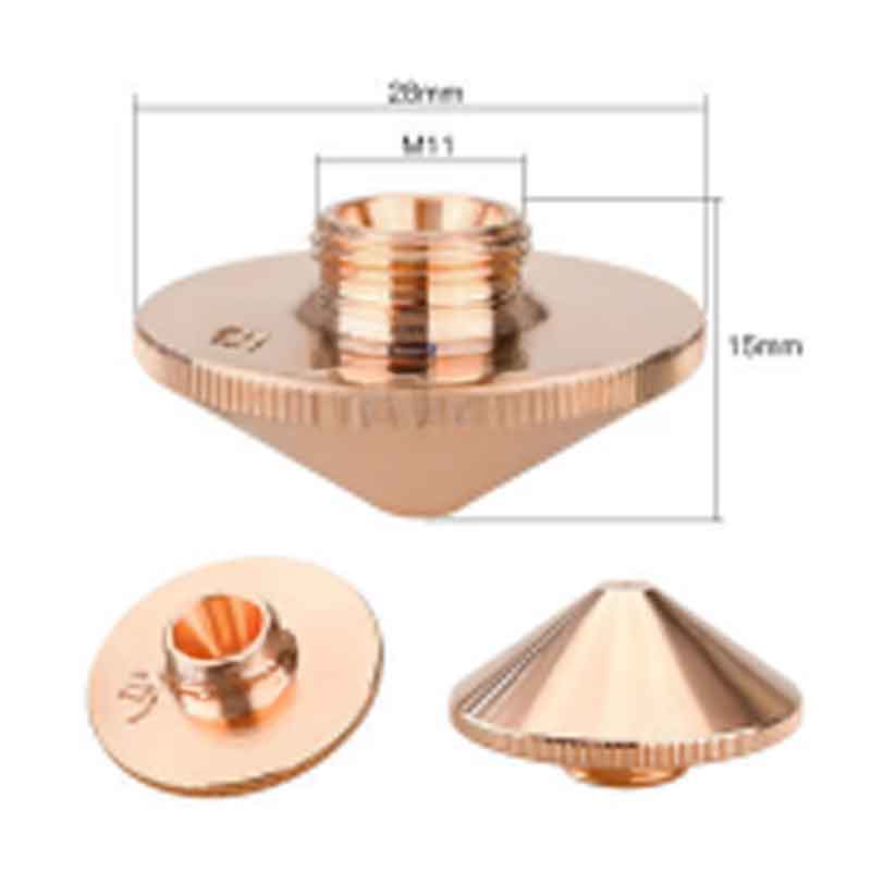 The דיזה לייזר 28 מ״מ Φ3.0 מ״מ סוג A (בודדת) is a copper-colored, conical metal nozzle with M11 threaded top hole, shown from three angles, measuring 28mm wide and 15mm tall.
