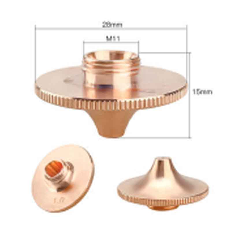 Bronze-colored metal nozzle with threaded center, wide flat base, and ridged edge; dimensions shown as 28mm diameter, 15mm height, with M11 thread size. Three views displayed: front, side, and bottom.