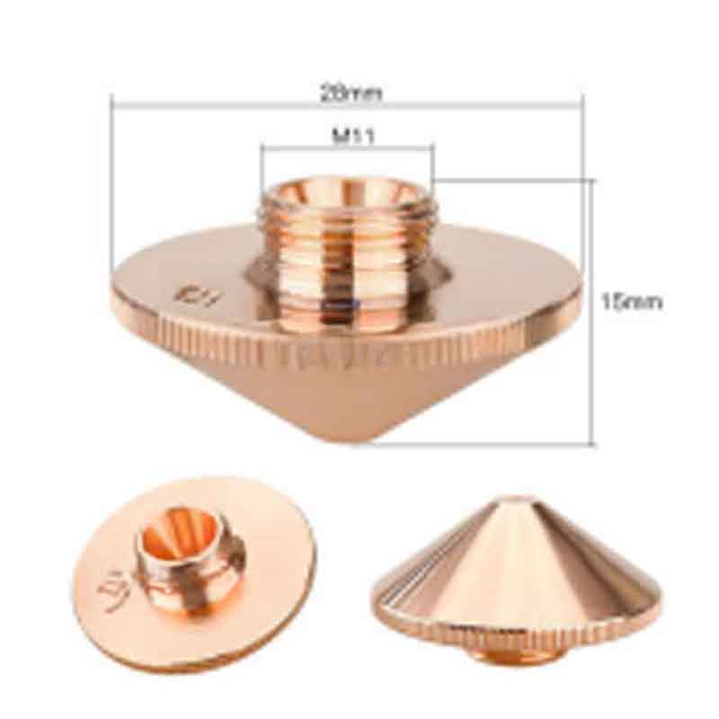 Copper-tone metal nozzle, conical with M11 thread, 28mm wide, 15mm high, and Φ3.5mm opening. Engraved markings. Product: דיזה לייזר 28 מ״מ Φ3.5 מ״מ סוג A (בודדת). Shown in top, side, and angled views.