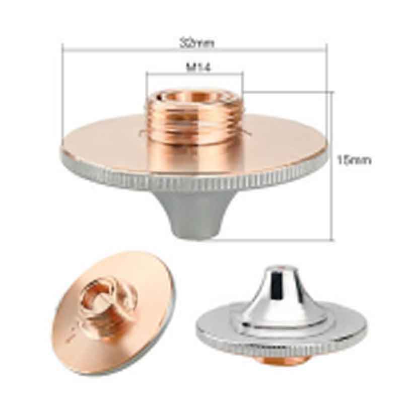 A metal adapter with a threaded center, shown from multiple angles. Dimensions are labeled: 50mm diameter, 15mm height, and M14 thread. The adapter is metallic with copper and silver finishes. A metal adapter with a threaded center, shown from multiple angles. Dimensions are labeled: 50mm diameter, 15mm height, and M14 thread. The adapter is metallic with copper and silver finishes.