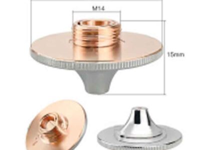 Copper and silver-colored metal adapter with threaded center, labeled with measurements: 50mm diameter, 15mm height, M14 thread. Shown from top, side, and angled views against a white background.