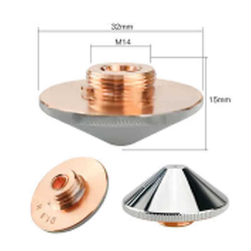 Metal cone-shaped attachment with threaded center, labeled as M14, shown from different angles. Dimensions are 53mm wide and 19mm tall. One surface is copper-colored, the other is metallic silver. Metal cone-shaped attachment with threaded center, labeled as M14, shown from different angles. Dimensions are 53mm wide and 19mm tall. One surface is copper-colored, the other is metallic silver.