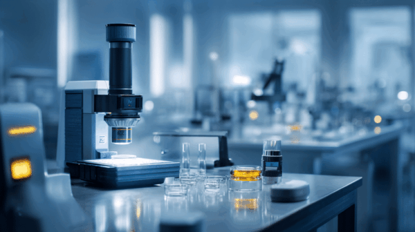 A modern laboratory with a microscope, glassware, and scientific equipment on a workbench. The background is softly blurred, highlighting a clean, high-tech research environment.