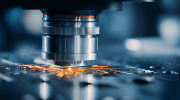 Close-up of a metalworking machine, possibly a laser cutter or CNC, emitting sparks as it precisely cuts or engraves a metal surface in a high-tech industrial setting.