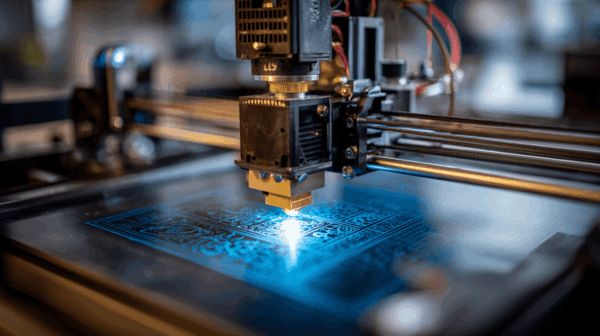 A close-up of a laser engraving machine etching intricate blue patterns onto a flat black surface, with mechanical parts and lights visible in the background.