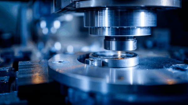 Close-up of a CNC milling machine cutting a circular metal part, with a sharp focus on the rotating tool and the polished surface of the workpiece, surrounded by a bluish industrial background.