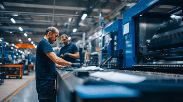 Two workers wearing dark clothing operate machinery and handle metal sheets in a brightly lit, modern factory with blue industrial equipment and various stations in the background.