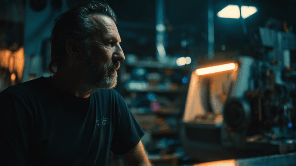 A middle-aged man with a beard sits in a dimly lit workshop, looking thoughtfully to the side. Industrial equipment and shelves with tools are visible in the blurred background.
