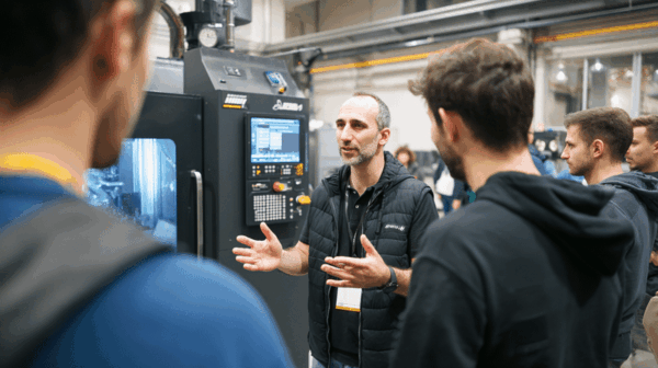 A man gestures while speaking to a group of people in front of industrial machinery in a workshop or factory setting. The group listens attentively as he explains something technical.