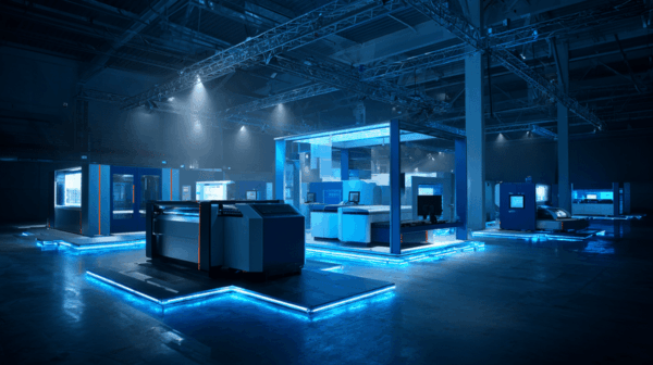 A spacious, high-tech exhibition hall features illuminated platforms displaying advanced industrial machines and computer stations, surrounded by blue ambient lighting.