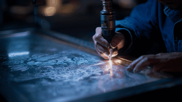 A person uses a laser engraving tool to carve intricate floral patterns onto a metal sheet, working carefully under focused lighting in a workshop setting.