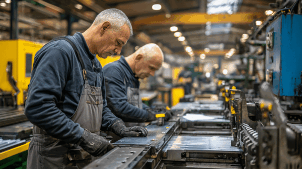 Two workers in a factory, wearing blue uniforms and gloves, operate machinery and handle metal sheets on a production line in an industrial setting with blurred equipment in the background.