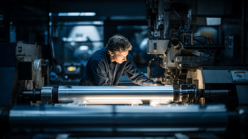A person works intently with large cylindrical metal machinery in a dimly lit industrial workshop, illuminated by focused lighting on the equipment.