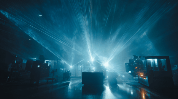 A dimly lit laboratory filled with scientific equipment and machines, illuminated by bright blue and white laser beams cutting through haze, creating an intense, futuristic atmosphere.
