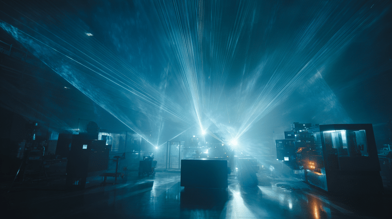 A dimly lit laboratory filled with scientific equipment and machines, illuminated by bright blue and white laser beams cutting through haze, creating an intense, futuristic atmosphere.