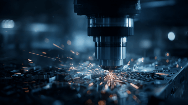 Close-up of a CNC machine cutting metal, producing bright sparks as it shapes the material, with a blue-toned industrial background conveying precision manufacturing.
