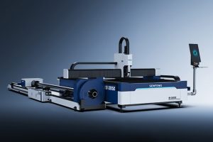 A large blue and white דגם C Series industrial laser cutting machine with a digital control panel stands in a clean, well-lit room. The machine is labeled SENFENG and looks ready for use.