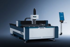 The דגם 3015NP is a large industrial SENFENG laser cutting machine featuring a flat work surface and attached control panel, displayed against a gradient blue-gray background.