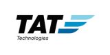 TAT Technologies logo with TAT in bold black letters and Technologies below in smaller font. Three blue wing-like stripes are positioned to the right of the text.